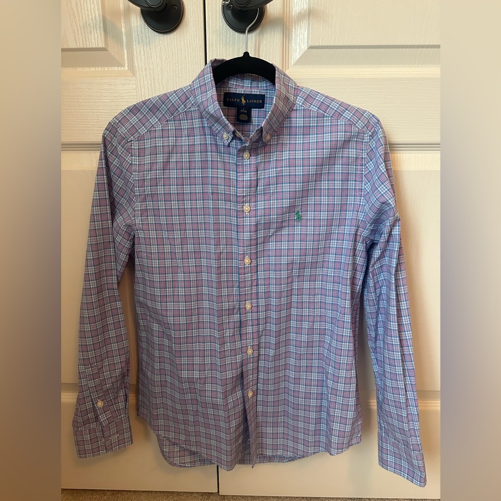 Ralph Lauren boys size 14/16 pink/blue plaid button down